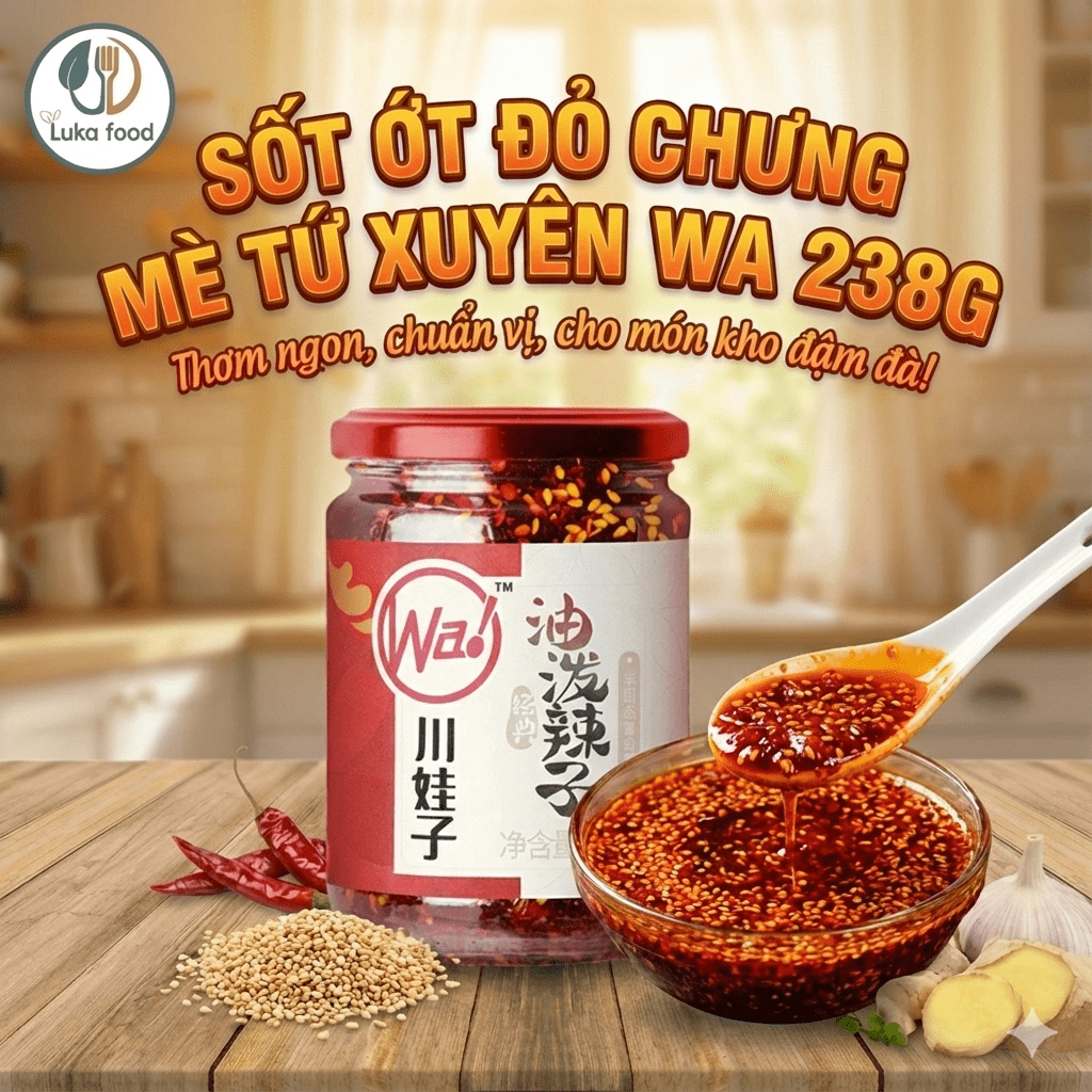 Sốt Ớt Đỏ Chưng Mè Tứ Xuyên WA 235g - Sa Tế Ớt Nướng Than Cay Tê, Trộn Mì Cực Đỉnh Chuẩn Vị Hoa Luka Food