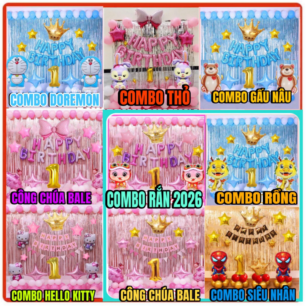 Combo Sinh Nhật Tuổi Rắn, Tuổi Rồng, Công chúa, Thỏ Gấu ( Tặng bơm, Keo, Dây ruy băng)