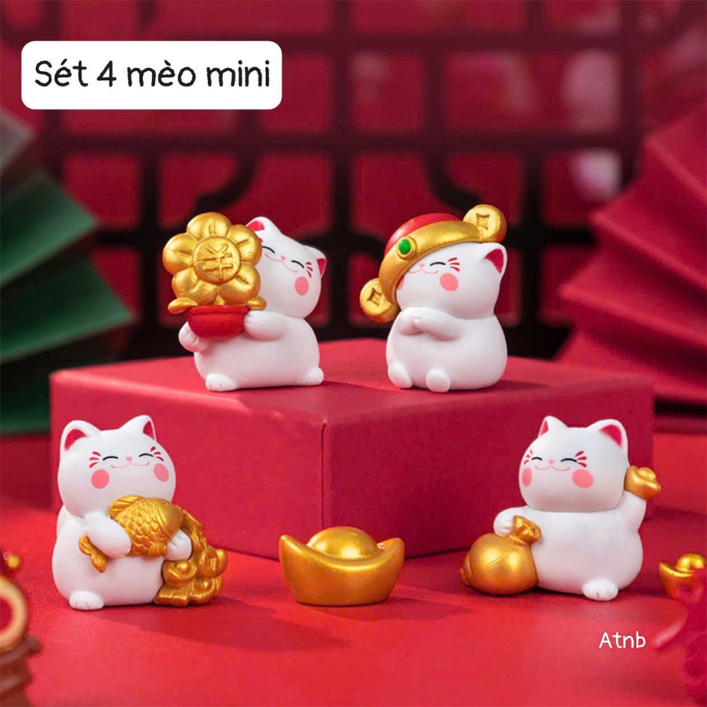 Set 4 Mèo Mini Thần Tài Dễ Thương – Mèo Chiêu Tài Cầm Vàng Trang Trí Bàn Làm Việc, Kệ Tủ
