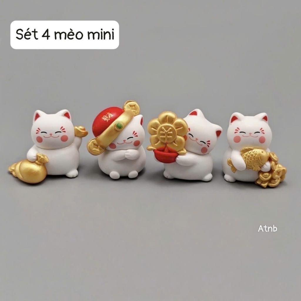 Set 4 Mèo Mini Thần Tài Dễ Thương – Mèo Chiêu Tài Cầm Vàng Trang Trí Bàn Làm Việc, Kệ Tủ