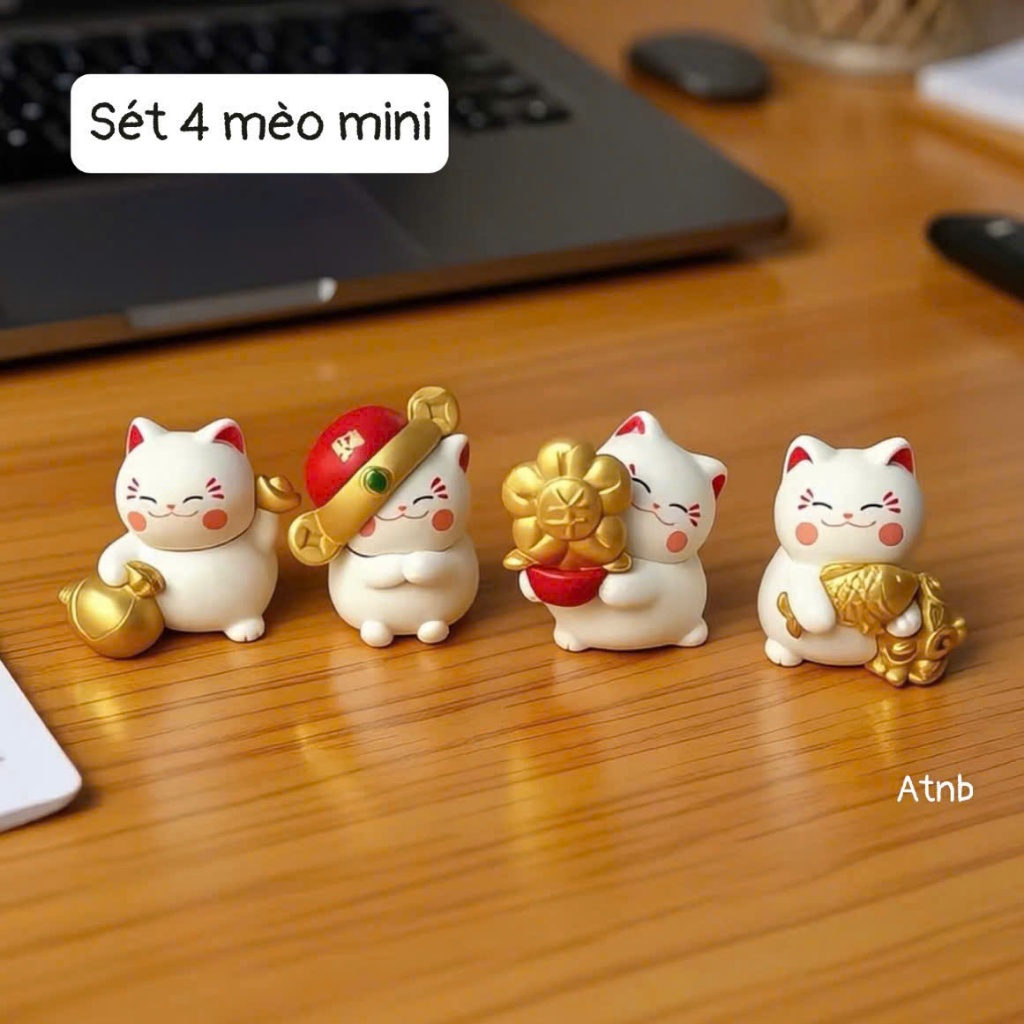 Set 4 Mèo Mini Thần Tài Dễ Thương – Mèo Chiêu Tài Cầm Vàng Trang Trí Bàn Làm Việc, Kệ Tủ