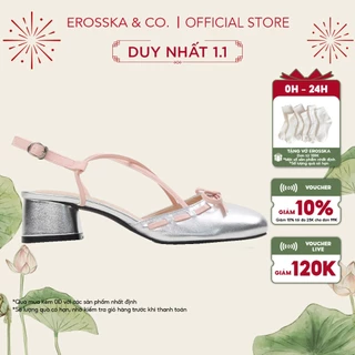Erosska - Giày cao gót nữ mũi tròn phối nơ kiểu dáng thanh lịch màu bạc phối kem cao 5cm - EL042