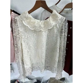 ÁO REN HOA NỔI CỔ BÈO - Áo sơ mi ren hoa kiểu QC tay bồng 2 lớp ulzzang tiểu thư HQ Aorenhoa552
