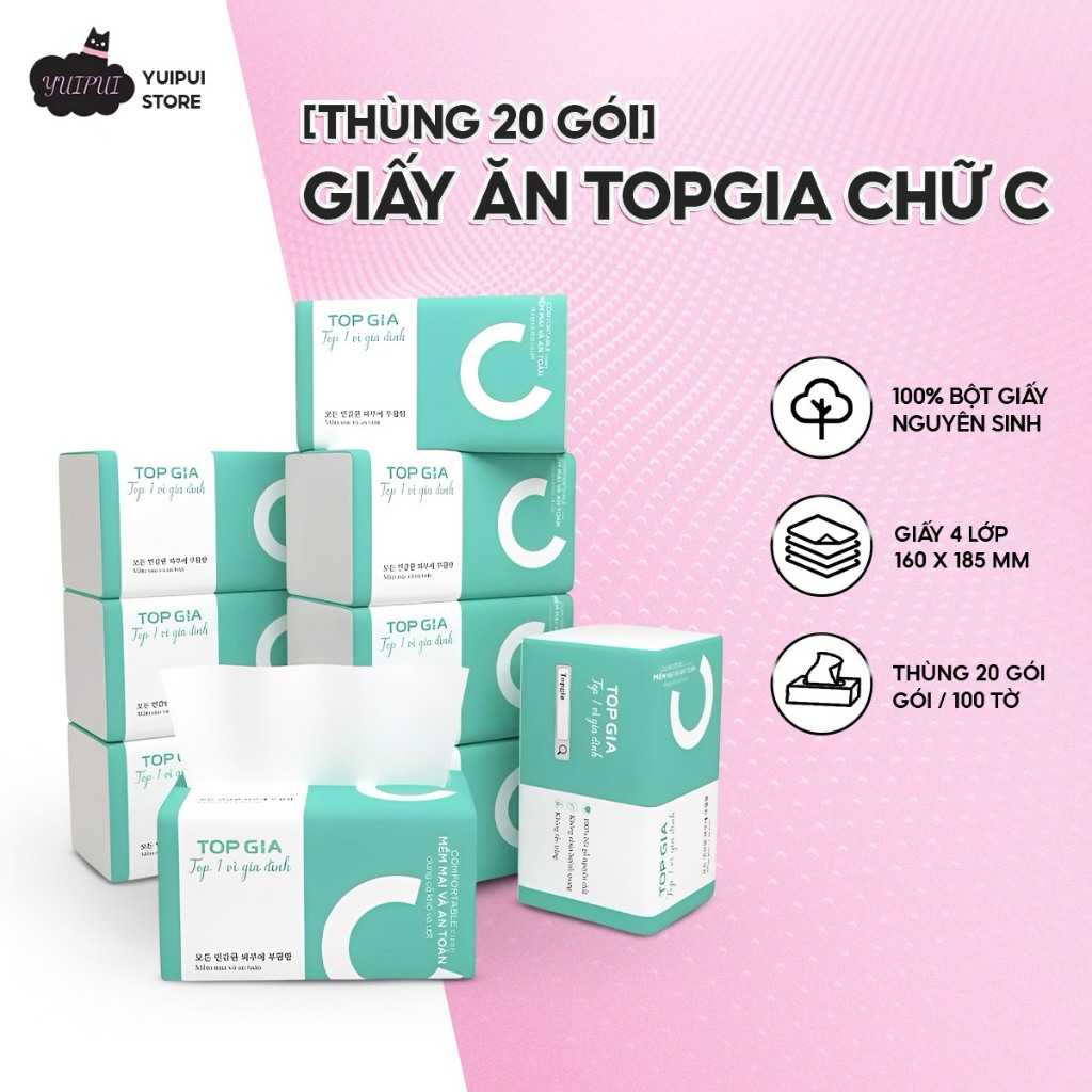 [Thùng 10&20 Gói] khăn Giấy Ăn TOPGIA Chữ C – Giấy Rút Lụa 4 Lớp Dày Dai, Tờ Lớn, An Toàn Gia Đình