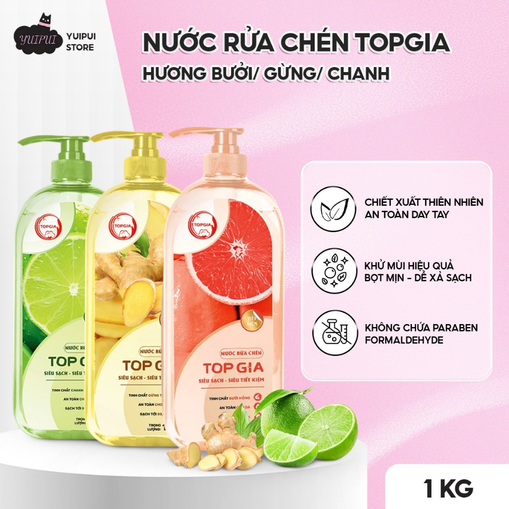 Nước Rửa Chén TOPGIA 1Kg – Hương Bưởi/ Gừng/ Chanh, Sạch Dầu Mỡ, Dịu Nhẹ Da Tay