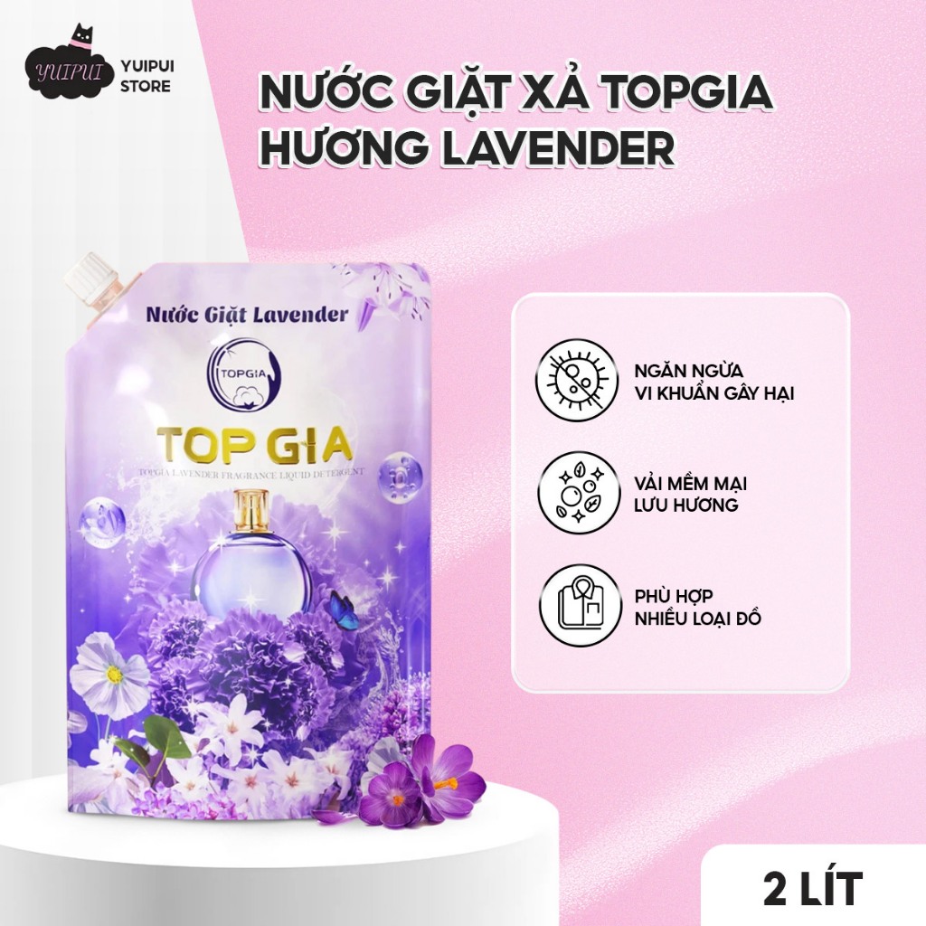 Nước Giặt Xả TOPGIA Hương Lavender Túi 2L – Giặt & Xả 2in1, Thơm Lâu, Dịu Nhẹ An Toàn Cho Da