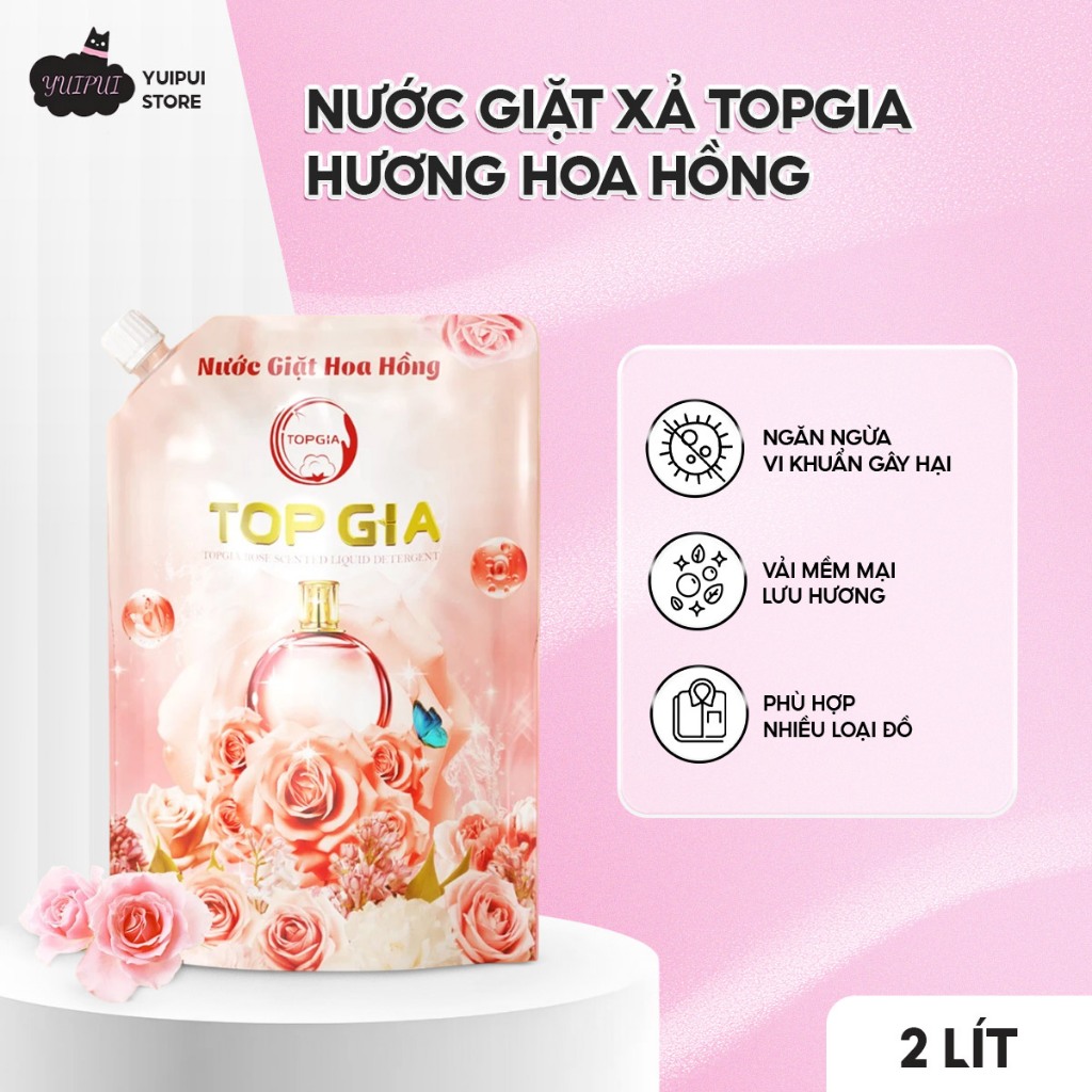 Nước Giặt Xả TOPGIA Hương Hoa Hồng Túi 2L – Giặt & Xả 2in1, Thơm Lâu, An Toàn Cho Mọi Làn Da