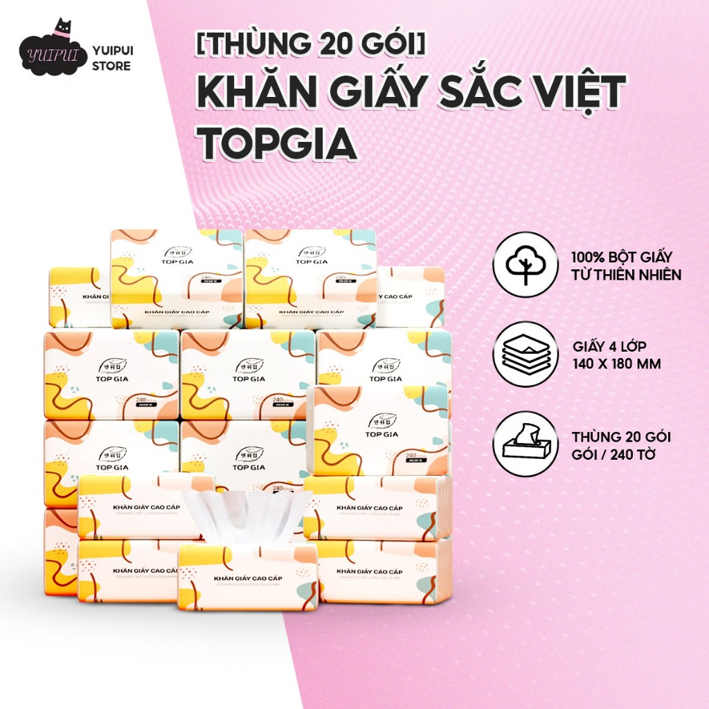 [Thùng 10&20 Gói] Khăn Giấy Ăn Đa Sắc TOPGIA – Giấy 4 Lớp Mềm Mịn, Thấm Hút Tốt, An Toàn Cho Da