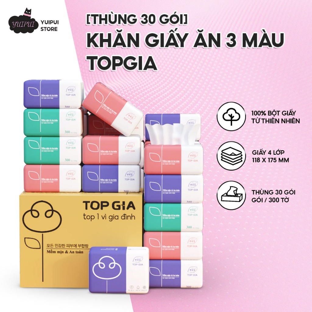 [Thùng 30 Gói] Khăn Giấy Ăn 3 Màu TOPGIA – Giấy Lụa 4 Lớp Mềm Mịn, Thấm Hút Tốt, An Toàn Cho Da