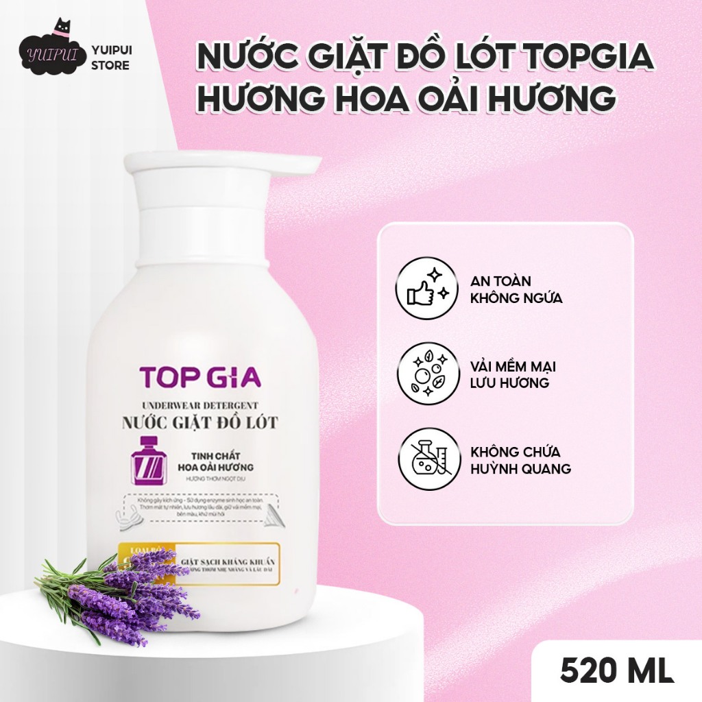 Nước Giặt Đồ Lót TopGia Hương Oải Hương 520ml – Giặt Sạch Nhẹ Nhàng, pH Trung Tính, An Toàn Da