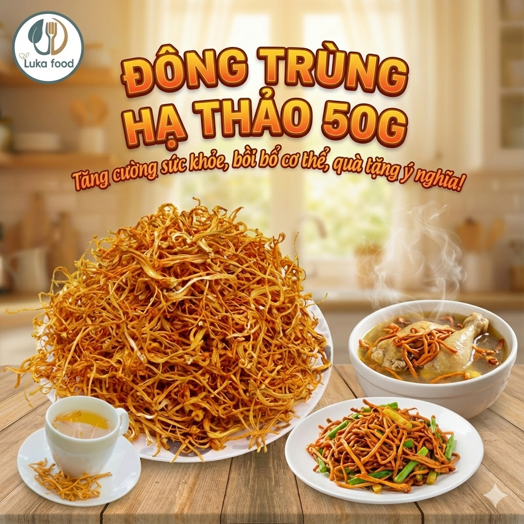 Đông Trùng Hạ Thảo Sấy Khô 100g - Hàng Cao Cấp Sợi Vàng Ươm, Sợi To Thượng Hạng, Bồi Bổ Sức Khỏe, Ngâm Mật Ong Luka Food