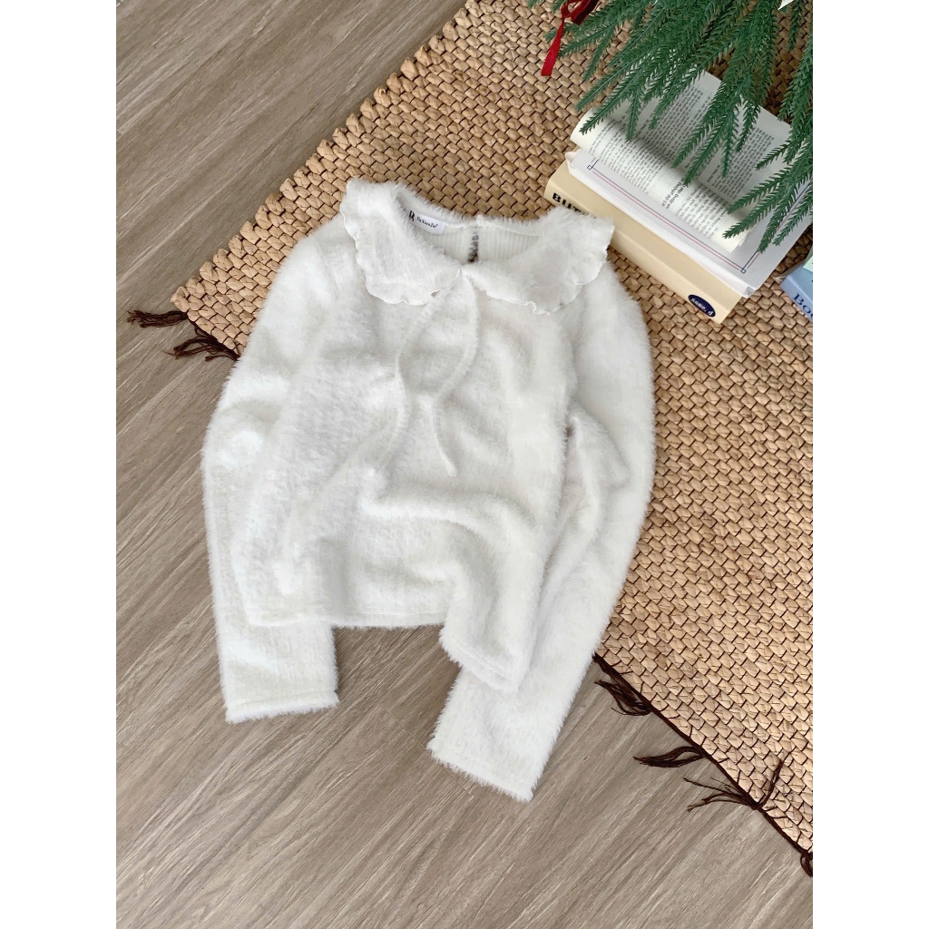 Áo len Lông Mịn Cổ Bèo Nơ Tiểu Thư Màu Trắng Form Xinh Chuẩn Hàn Jooale 1090 P0K23