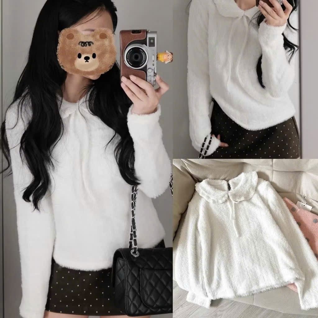 Áo len Lông Mịn Cổ Bèo Nơ Tiểu Thư Màu Trắng Form Xinh Chuẩn Hàn Jooale 1090 P0K23