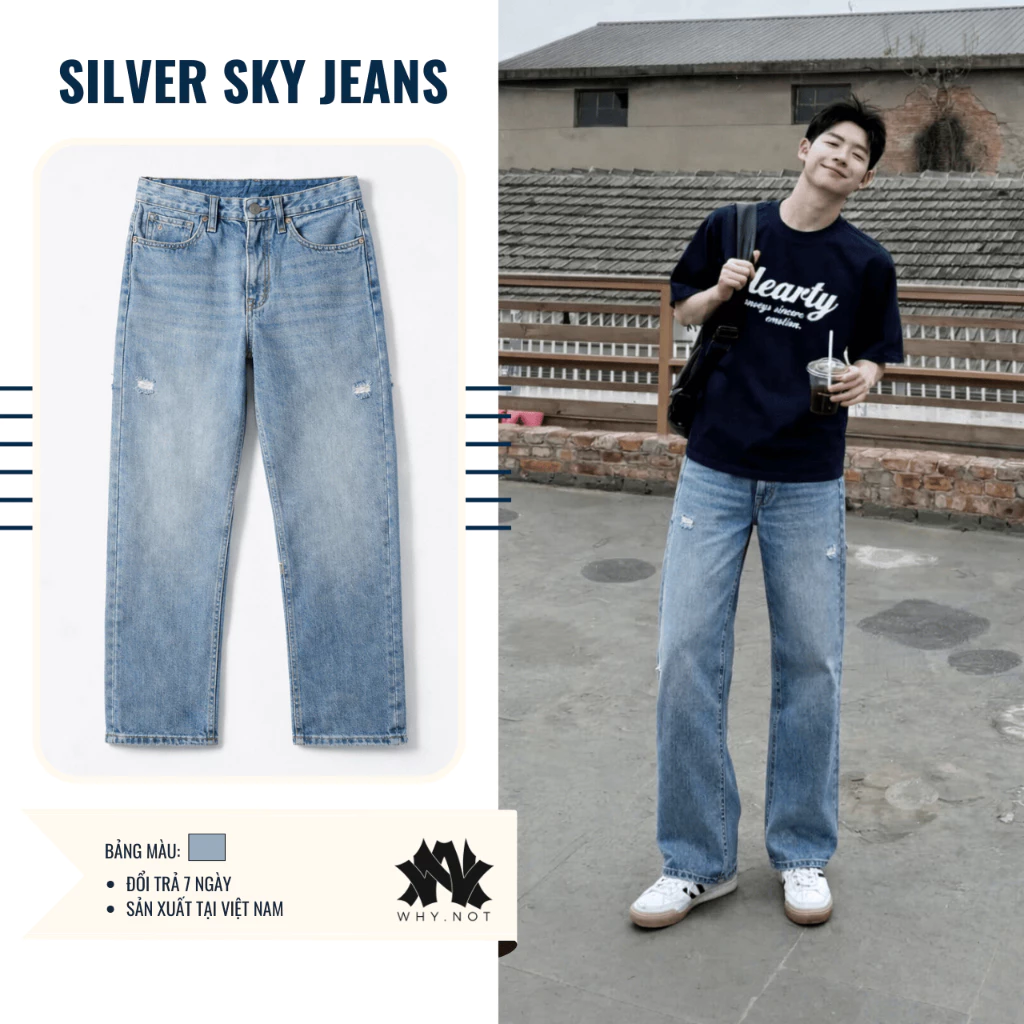 Quần Jean Suông Nam Màu Xanh Silver Sky, Quần Jean Nam Rách Ống, Quần Jean Ống Rộng, Quần Jean Cạp Cao Có Bigsize WHY.NO