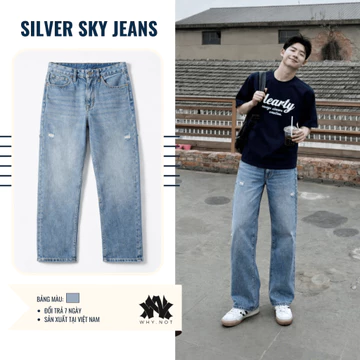 Quần Jean Suông Nam Màu Xanh Silver Sky, Quần Jean Nam Rách Ống, Quần Jean Ống Rộng, Quần Jean Cạp Cao Có Bigsize WHY.NO
