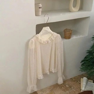 Áo Sơ Mi Ren Hạt Nổi Ô Vuông Phối Cổ Bèo Điệu Đà Thanh Lịch Dành Cho Nữ SMren854