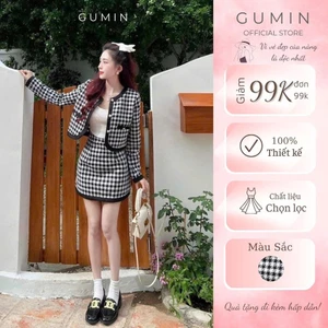 Set bộ áo váy dạ GUMIN thiết kế họa tiết kẻ caro áo dáng ngắn phối viền nhung kèm chân váy dáng ngắn tôn eo thanh lịch