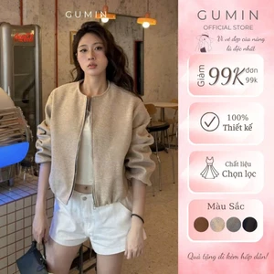 Áo khoác dạ ép GUMIN thiết kế áo cổ tròn trơn kéo khóa kèm dây rút bo gấu sang trọng, Áo khoác nữ thu đông dày dặn