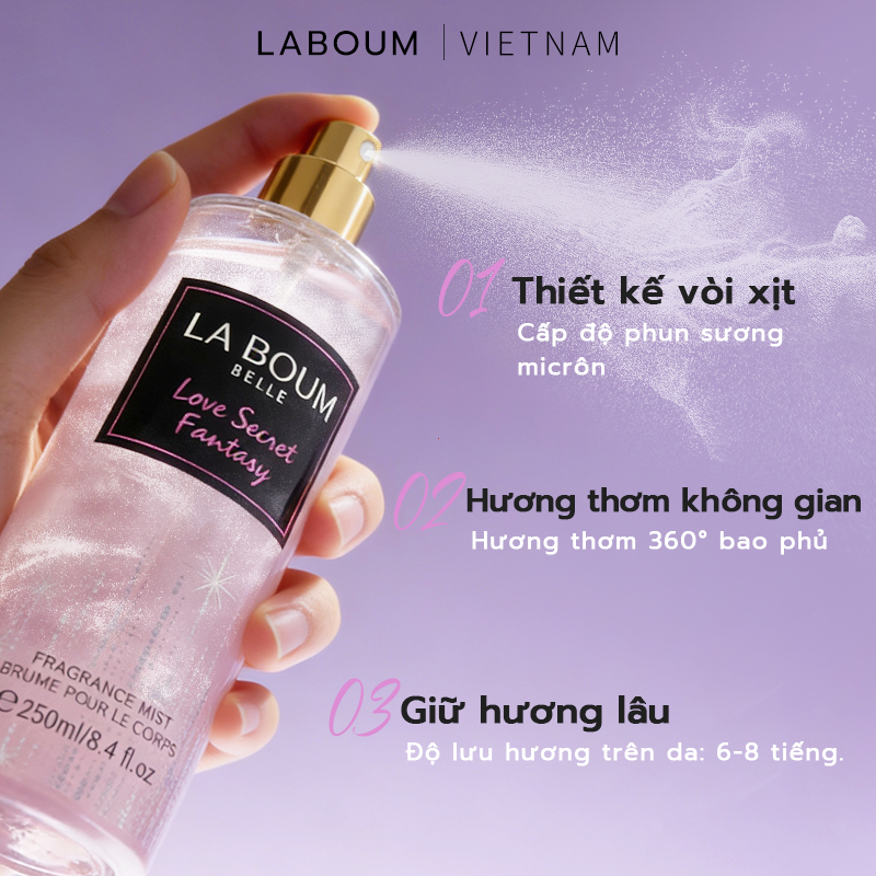 Xịt Thơm Body Mist Nữ Có Nhũ 250ml LABOUM Hương Hoa & Trái Cây Ngọt Dịu, Thơm Lâu Tự Nhiên - Đi Chơi