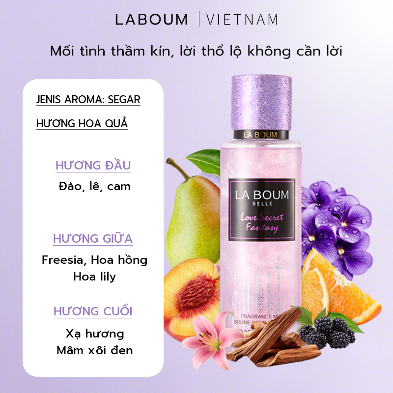 Xịt Thơm Body Mist Nữ Có Nhũ 250ml LABOUM Hương Hoa & Trái Cây Ngọt Dịu, Thơm Lâu Tự Nhiên - Đi Chơi