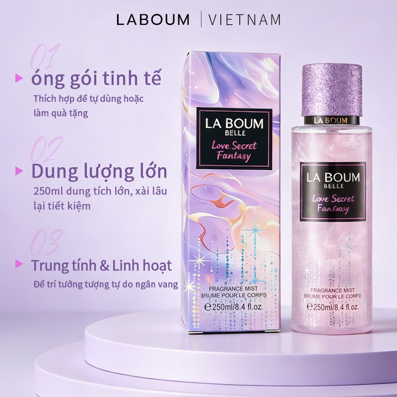 Xịt Thơm Body Mist Nữ Có Nhũ 250ml LABOUM Hương Hoa & Trái Cây Ngọt Dịu, Thơm Lâu Tự Nhiên - Đi Chơi