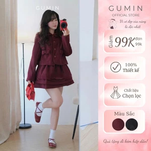 Set bộ áo váy dạ GUMIN thiết kế áo cổ sen dáng ngắn túi nơ sang chảnh kèm chân váy xòe ngắn tiểu thư thanh lịch