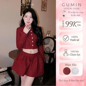 Set áo váy dạ tweed GUMIN thiết kế áo dáng ngắn nhũ kim sa khuy đồng lệch kèm chân váy ngắn phồng có lớp trong