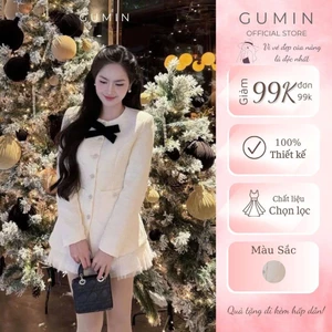 Set áo váy dạ tweed GUMIN thiết kế màu kem nhũ kim sa mix nơ cổ kèm chân váy ngắn xoè phối lưới sang trọng tiểu thư