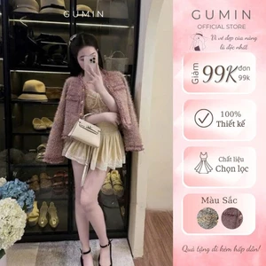 Áo khoác dạ tweed GUMIN thiết kế áo dáng ngắn phối khuy đồng sang trọng, Áo khoác dạ nữ thu đông thanh lịch cao cấp