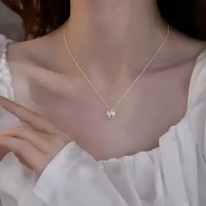 Dây Chuyền Mặt Nơ Bướm Đính Đá Zirconia Lấp Lánh Mạ Bạc 925, Phong Cách Hàn Quốc Cao Cấp