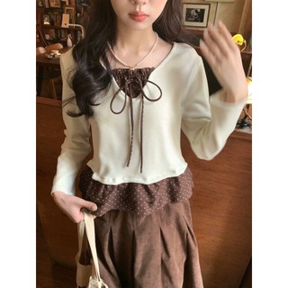 Áo len dệt kim mỏng tay dài nữ phối Layer viền bèo tầng chấm bi cột nơ hàng Quảng Châu.