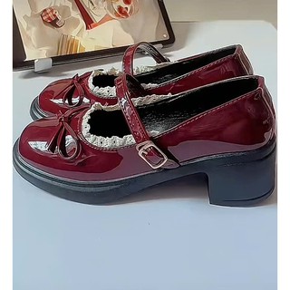 LOẠI I Giày Búp Bê Mary Jane Gót Vuông Da Bóng Viền Ren Đính Nơ