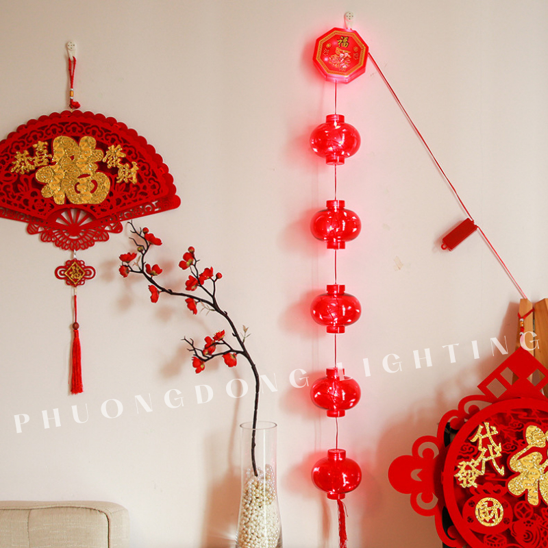 Dây Đèn LED Lồng Đèn Chữ Phúc 5 Quả màu đỏ Thả dài 1m Bóng to hiệu ứng ánh sáng đẹp Trang trí Lễ Tết