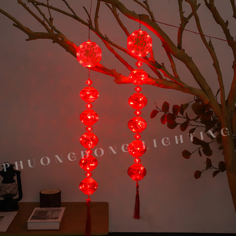 Dây Đèn LED Lồng Đèn Chữ Phúc 5 Quả màu đỏ Thả dài 1m Bóng to hiệu ứng ánh sáng đẹp Trang trí Lễ Tết