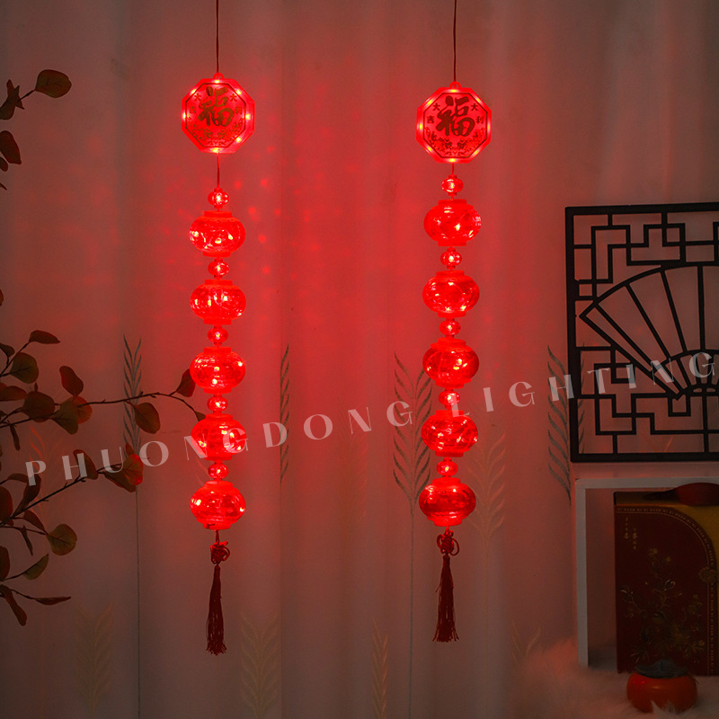 Dây Đèn LED Lồng Đèn Chữ Phúc 5 Quả màu đỏ Thả dài 1m Bóng to hiệu ứng ánh sáng đẹp Trang trí Lễ Tết