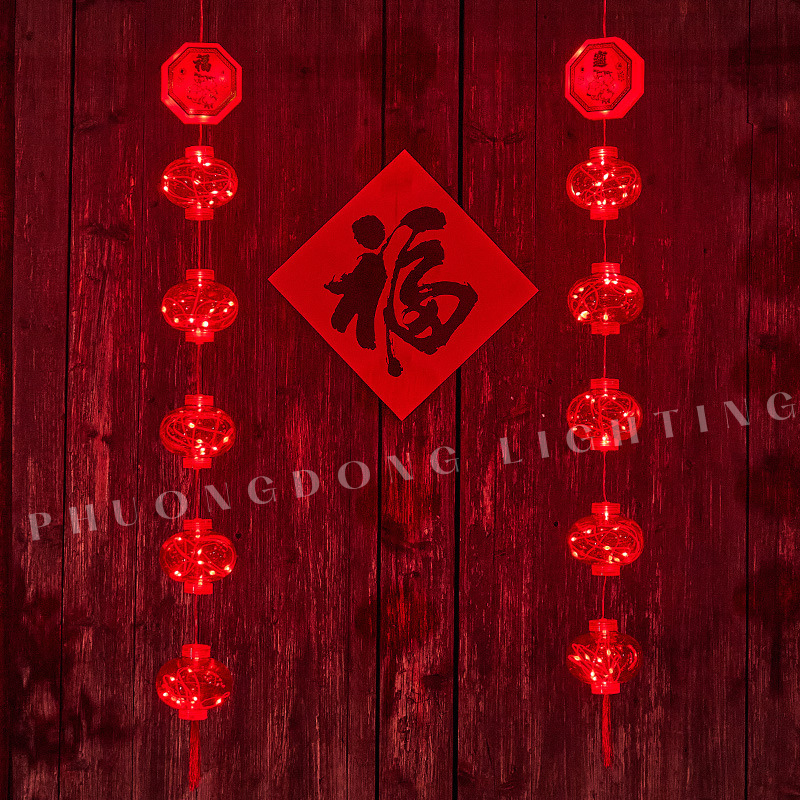 Dây Đèn LED Lồng Đèn Chữ Phúc 5 Quả màu đỏ Thả dài 1m Bóng to hiệu ứng ánh sáng đẹp Trang trí Lễ Tết