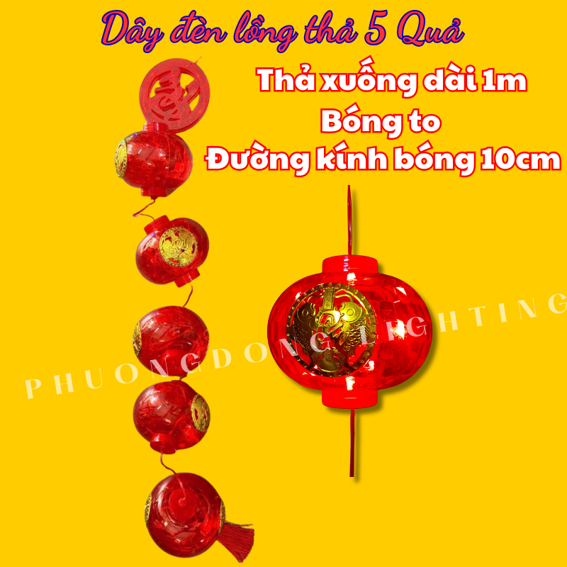 Dây Đèn LED Lồng Đèn Chữ Phúc 5 Quả màu đỏ Thả dài 1m Bóng to hiệu ứng ánh sáng đẹp Trang trí Lễ Tết