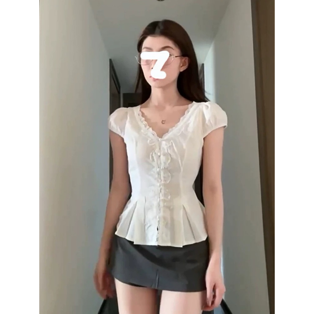 Áo sơ mi cổ V tay hến trẻ trung phong cách Ullzzang Hàn Quốc