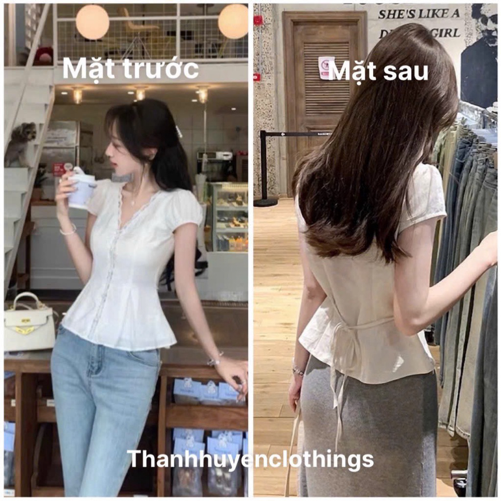 Áo sơ mi cổ V tay hến trẻ trung phong cách Ullzzang Hàn Quốc