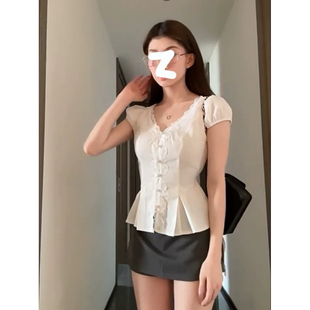 Áo sơ mi cổ V tay hến trẻ trung phong cách Ullzzang Hàn Quốc