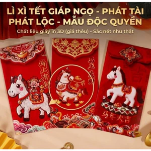 combo 6 Phong Bao Lì Xì Tết Bính Ngọ 2026, Lì Xì Ngựa Thổ Cẩm In Hình Giả Thêu TÀI LỘC,MAY MẮN