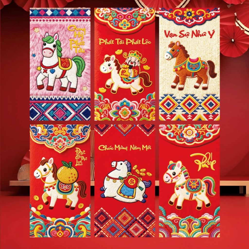 combo 6 Phong Bao Lì Xì Tết Bính Ngọ 2026, Lì Xì Ngựa Thổ Cẩm In Hình Giả Thêu TÀI LỘC,MAY MẮN