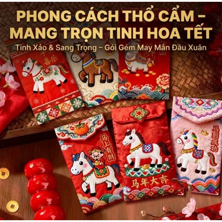 combo 6 Phong Bao Lì Xì Tết Bính Ngọ 2026, Lì Xì Ngựa Thổ Cẩm In Hình Giả Thêu TÀI LỘC,MAY MẮN