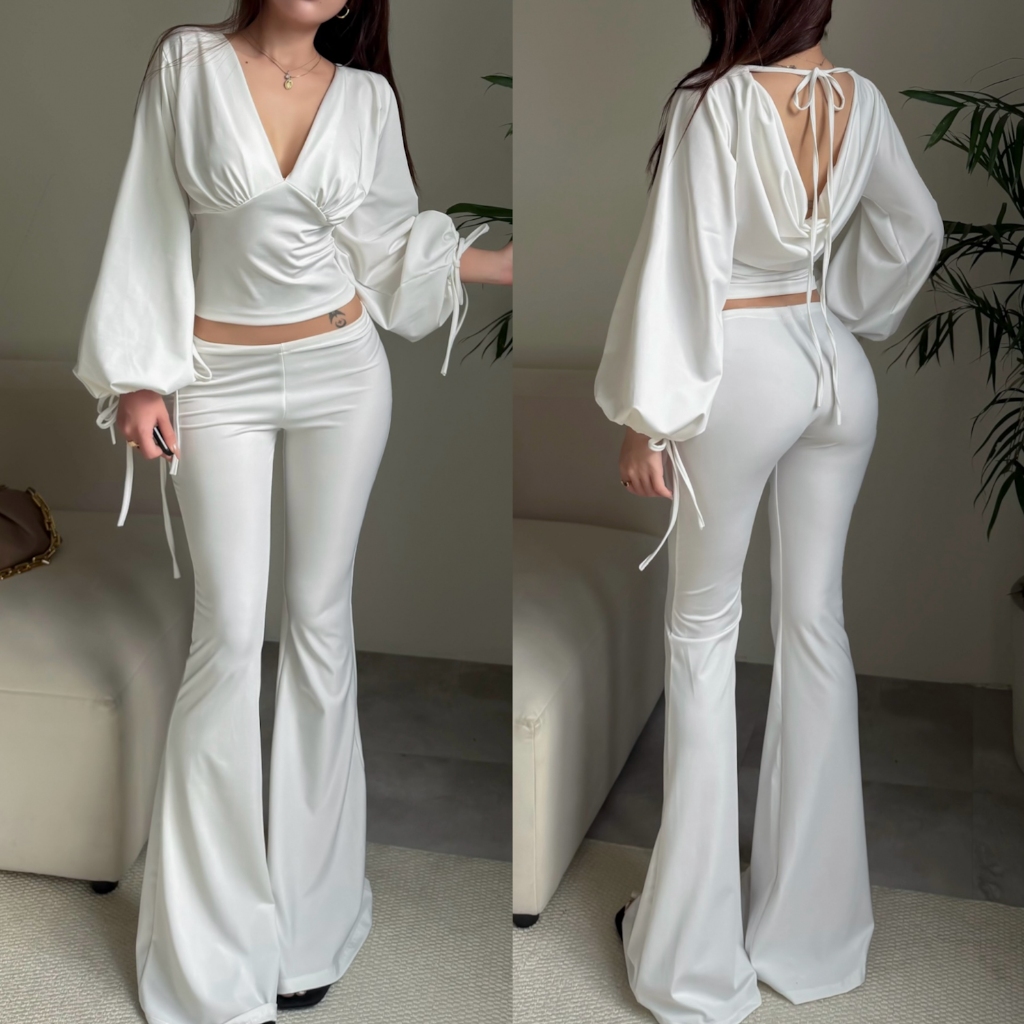 Quần ống loe dài cạp trễ phối dây La dong tôn dáng FFCLUB