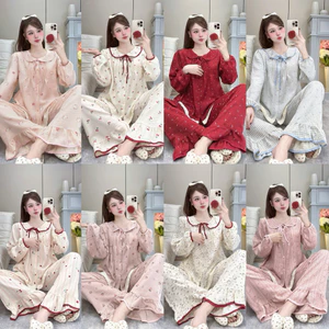 Bộ Đồ Ngủ Nữ JUSOKA Pijama Cổ Sen Hoạ Dài Tay Chất Liệu Đũi Vân Mây Mềm Mịn Dễ Thương DU02