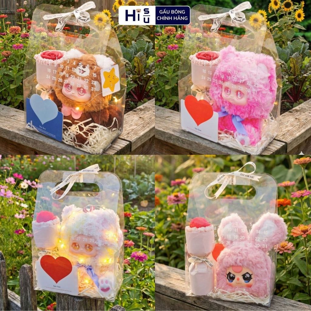 Túi Set Quà Tặng Gấu Bông Hình Mèo,Gấu Kèm Bó Hoa,Đèn Led,Thiệp Quà Tặng Cho Bé,Bạn Gái Ngày Sinh Nhật,Ngày Lễ