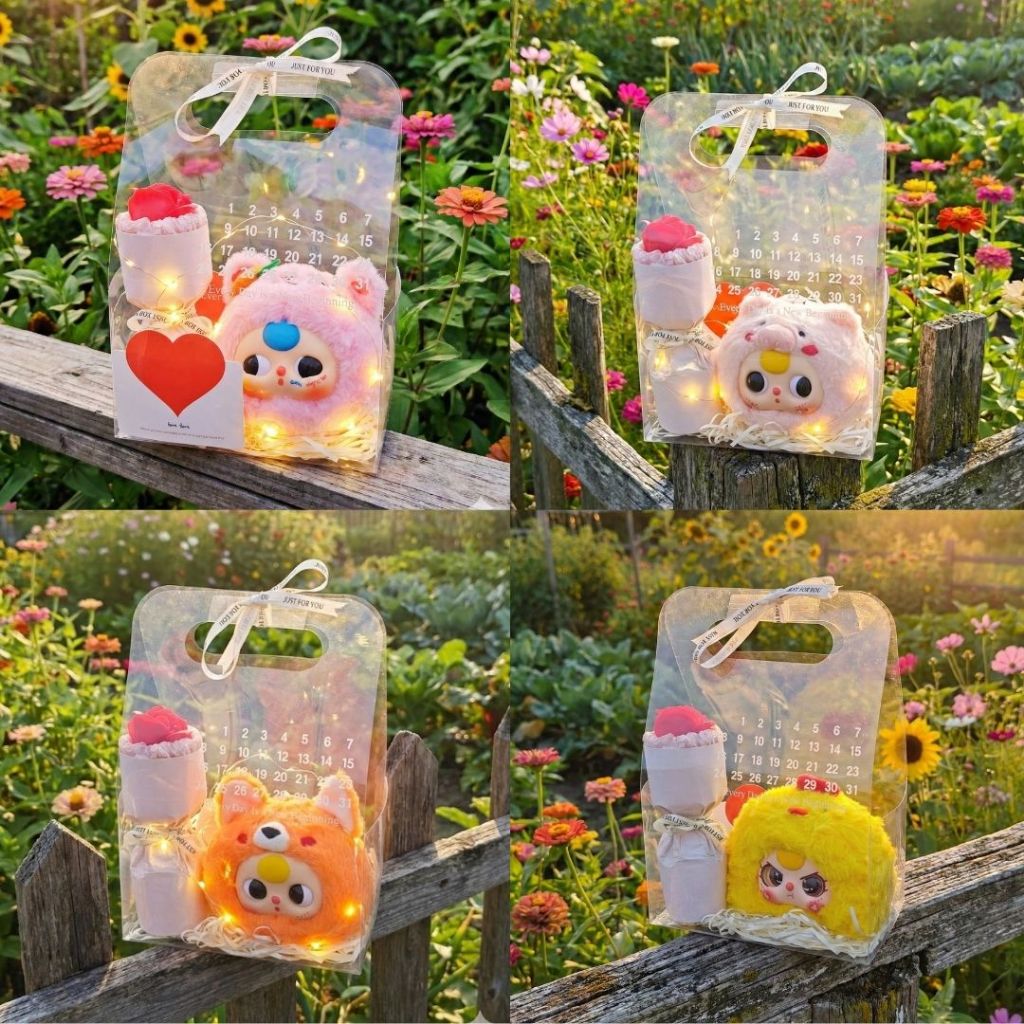 Set Quà Tặng Gấu Bông Cáo Mèo Kèm Túi Mika,Bó Hoa,Thiệp,Đèn Led Làm Quà Tặng Cho Bạn Gái,Cho Bé