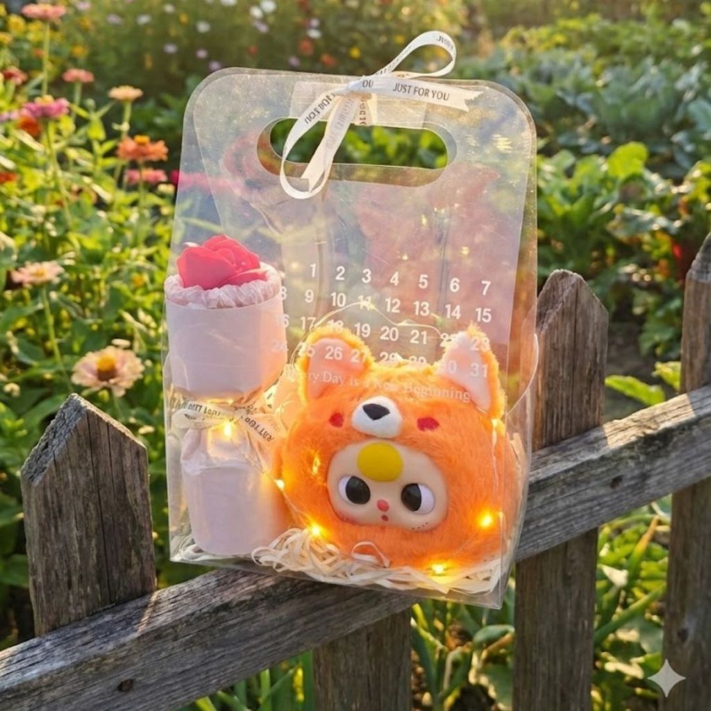 Set Quà Tặng Gấu Bông Cáo Mèo Kèm Túi Mika,Bó Hoa,Thiệp,Đèn Led Làm Quà Tặng Cho Bạn Gái,Cho Bé
