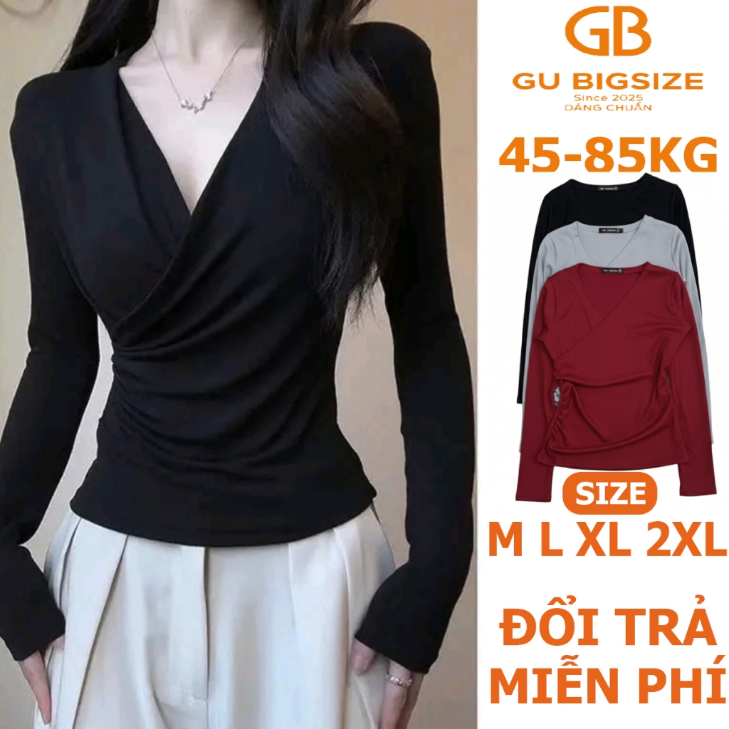 Áo Thun Nữ Gu Bigsize, Tay Dài Cổ V Xếp Ly, Chất Thun Tăm - Fresize 45 ...
