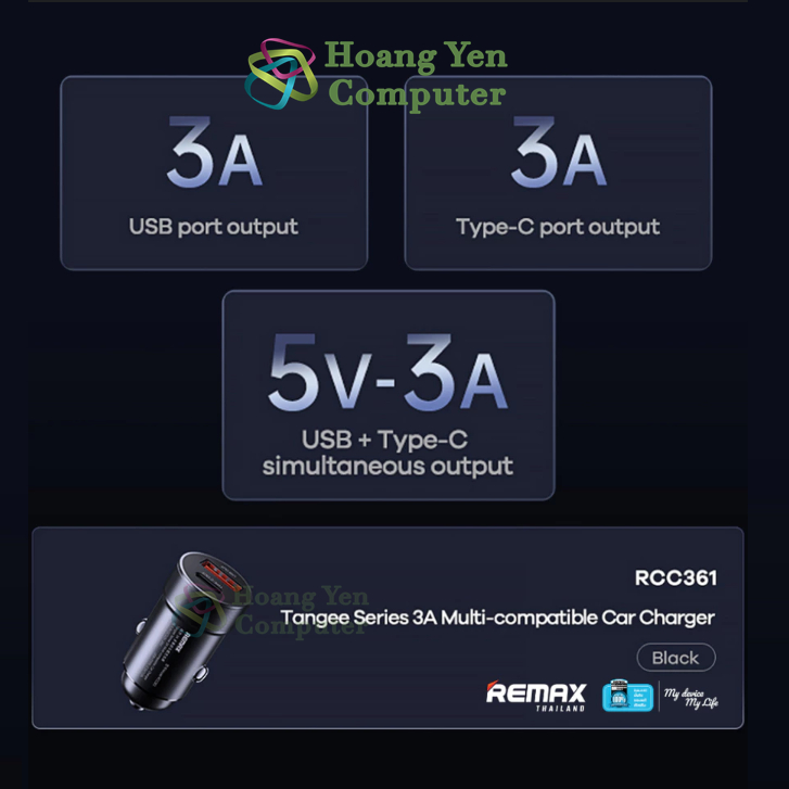 Tẩu Sạc Ô Tô Remax RCC361 Fast Charging 3A – Nhỏ Gọn, 2 Cổng Sạc (USB + Type-C) – BH 6 Tháng – Hoangyencomputer